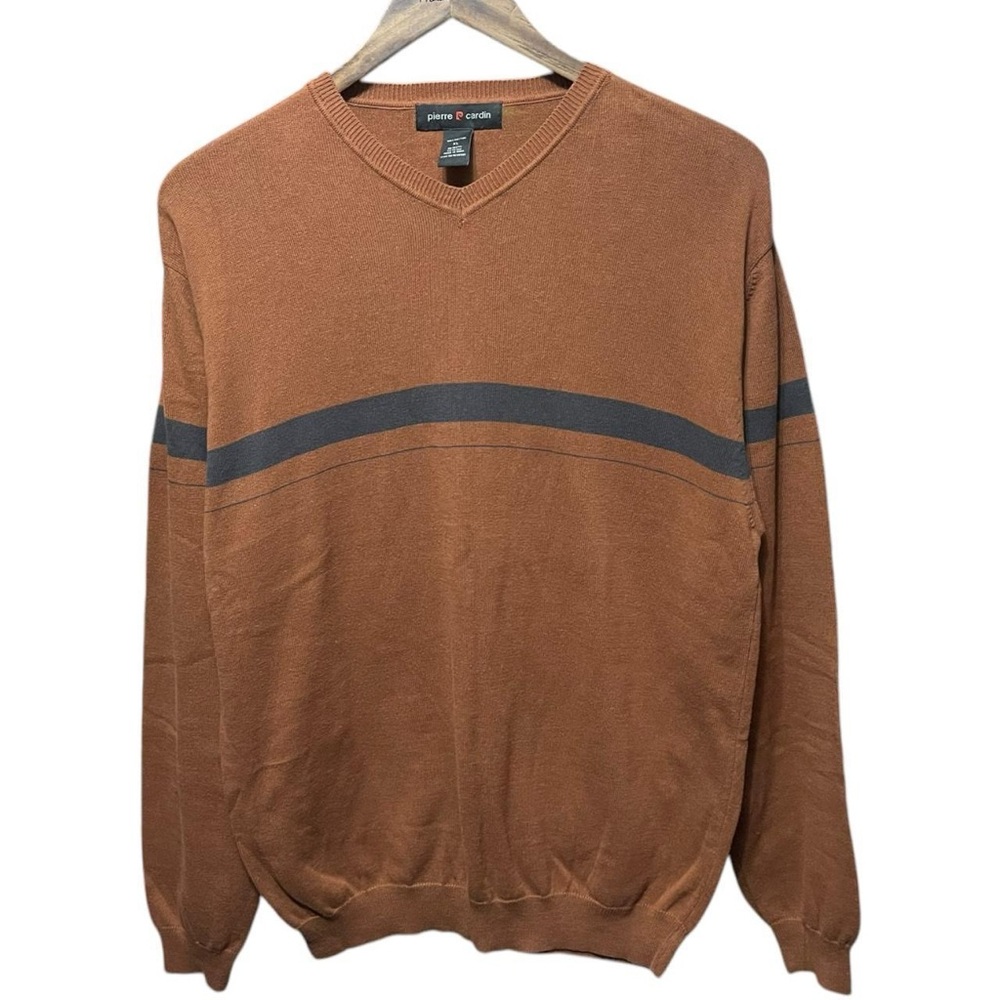 Vintage 90s Pierre Cardin Burnt Orange V-Neck blue horizontal striped Sweater